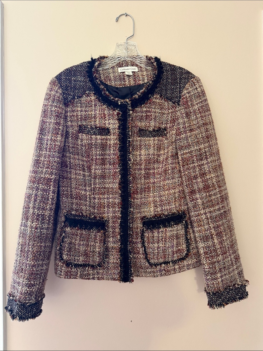 Coldwater Creek Multicolor Tweed Fringe-Trim Jacket